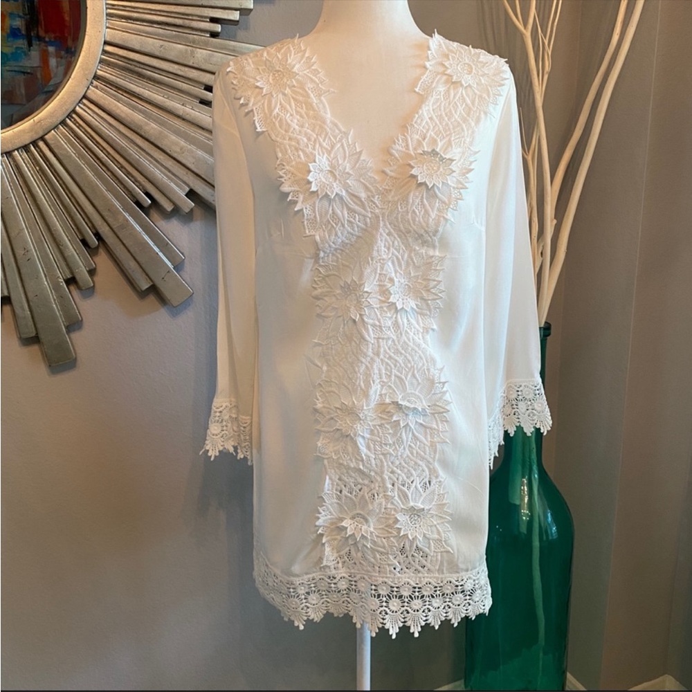 Cotton Lace Floral Ivory White V-Neck 3/4 Sleeves Lightweight Swim Beach Coveru…